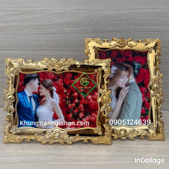 khung pha lê 13x18 vàng hoa hồng